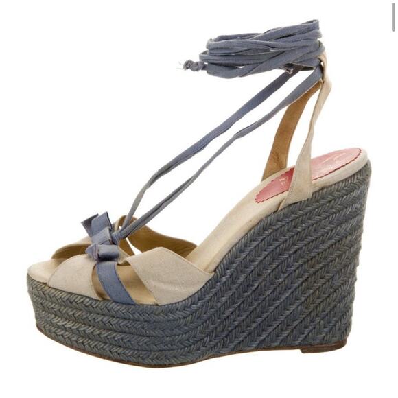 Authentic Christian Louboutin Blue Cream Wedge Lace Up Gladiator Sandals EU 39 - Picture 6 of 8